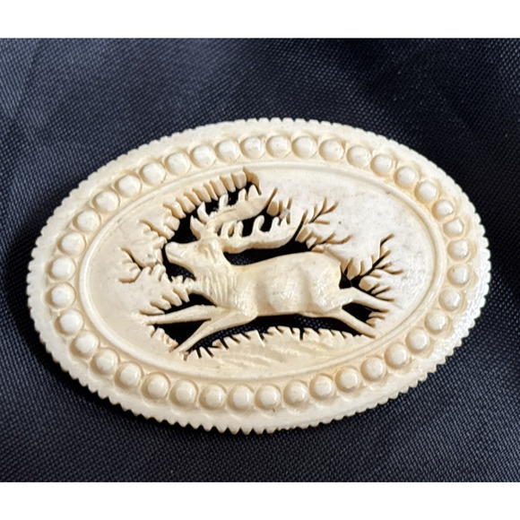 Antique Jewelry - Antique German Hand Carved Antler Brooch Pin Jumping Stag Oval Detailed Carving